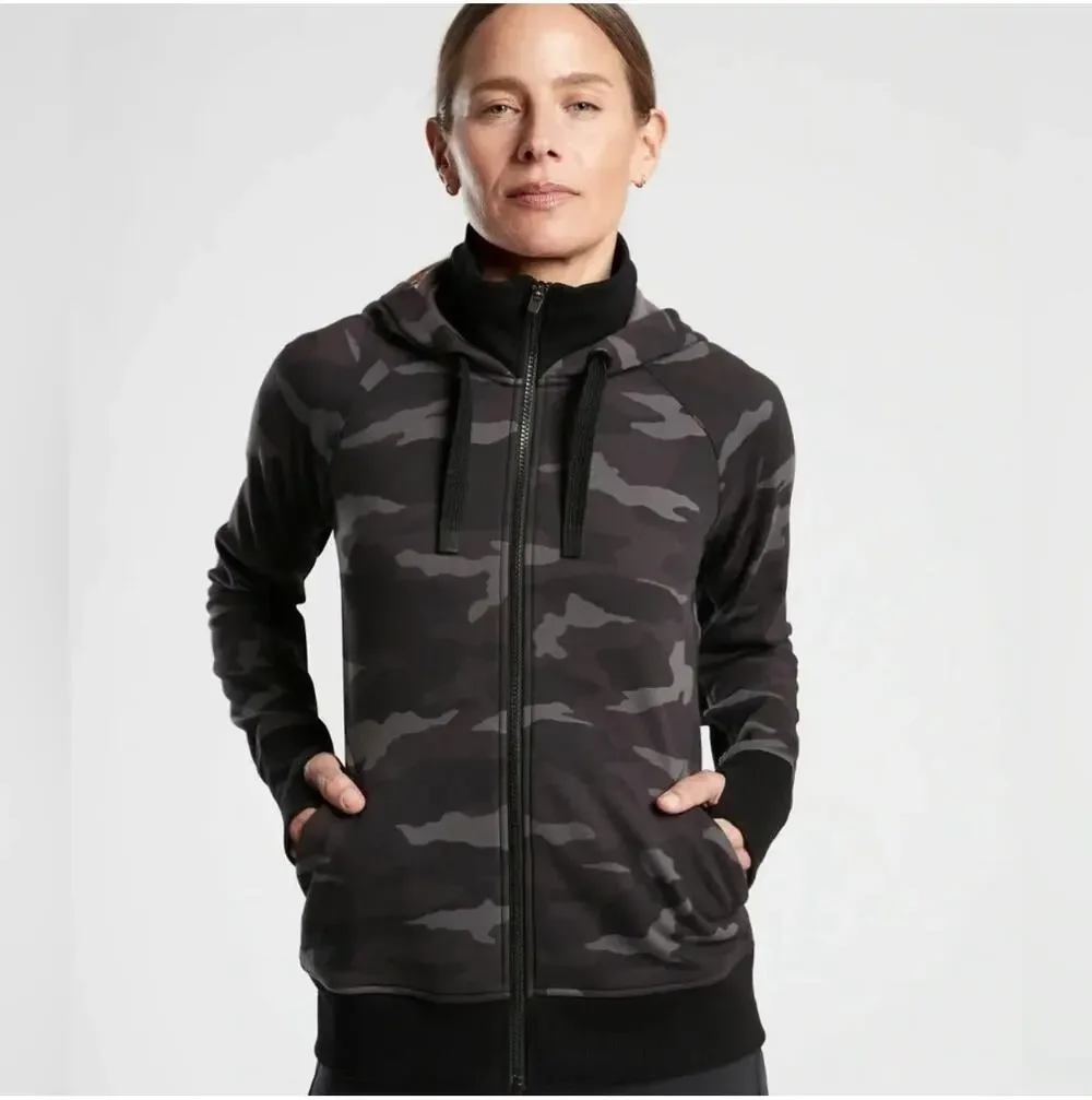 Athleta Jacket Womens Small Black Gray Camo Triumph Hoodie Full Zip Athleisure